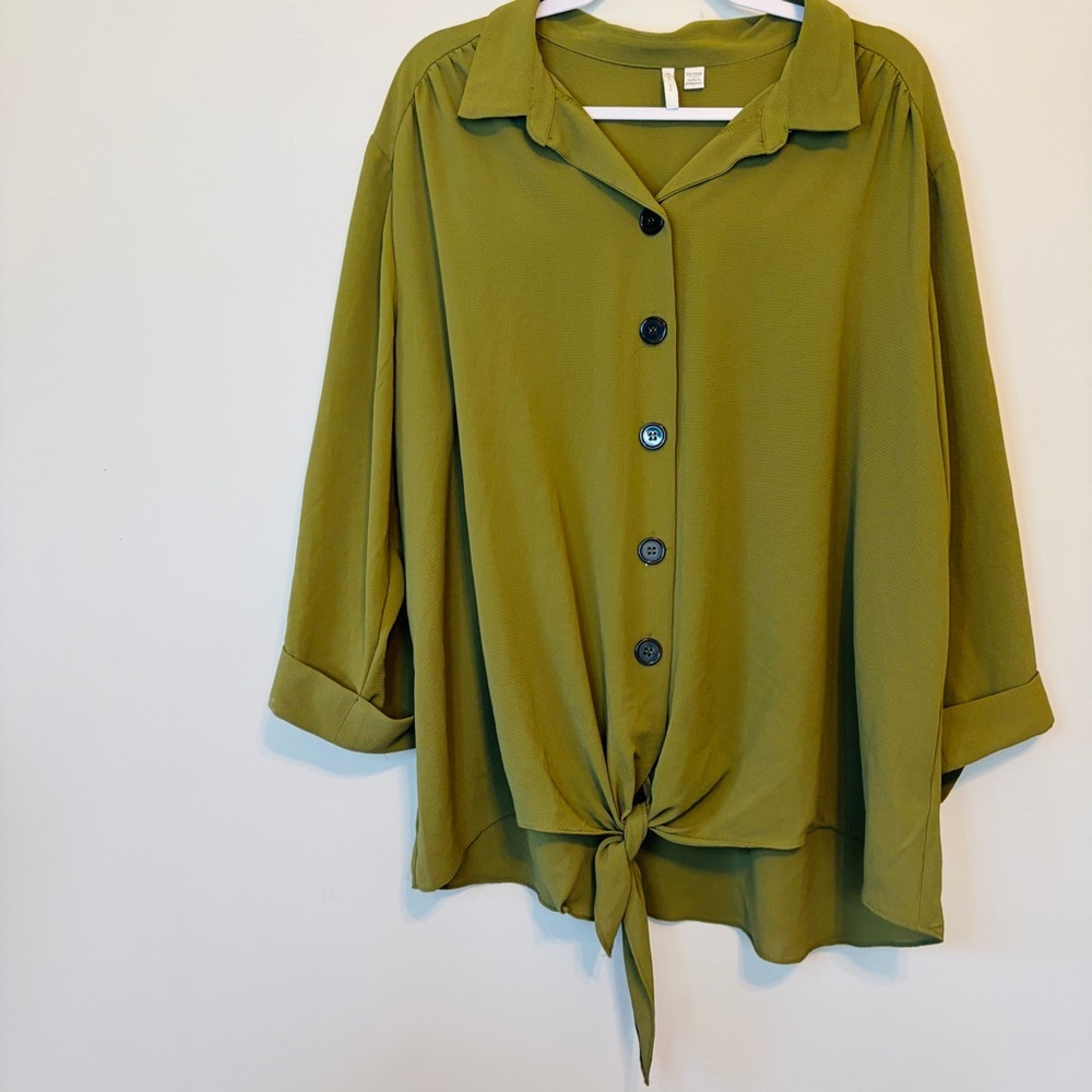 Cato Olive Button-Up Blouse with Tie Front